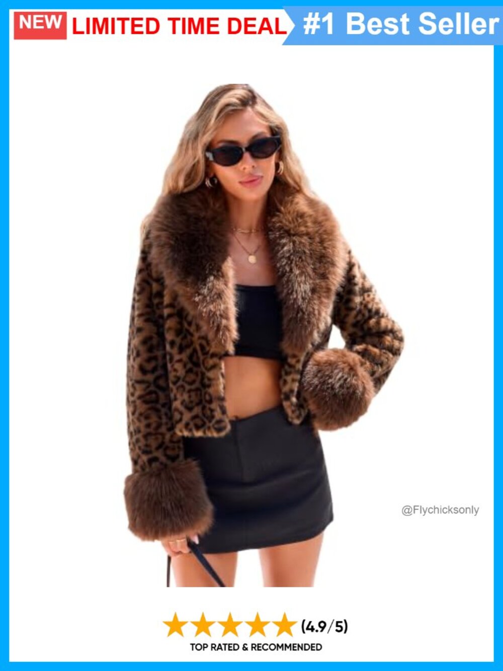 Leopard Print Cropped Faux Fur Jacket Fur Lapel Trim Short Coat